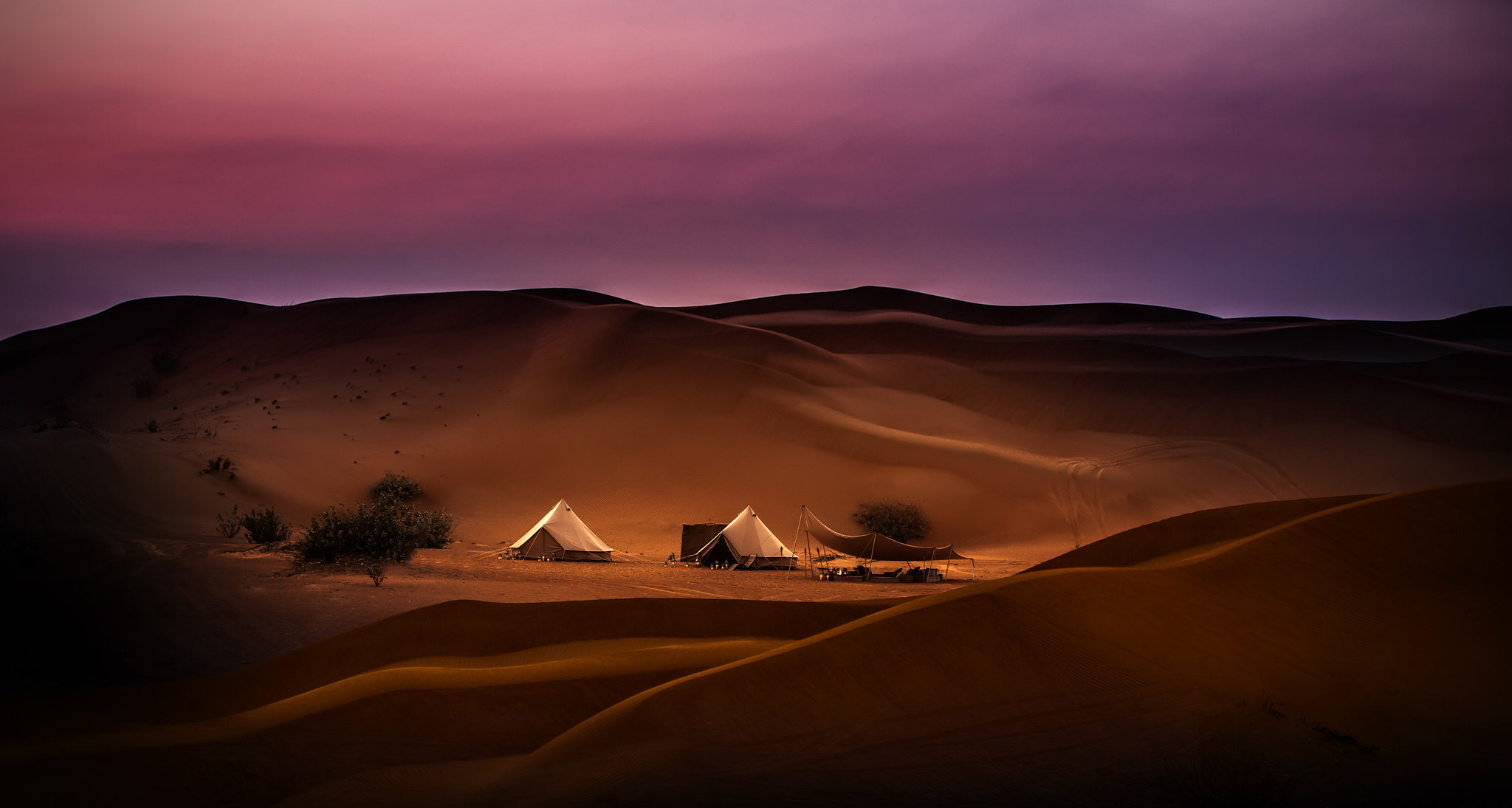 Oman Sur Mesure tentes dans le désert éclairées la nuit