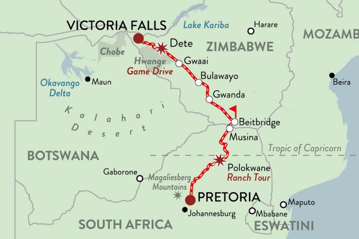 Le Rovos Rail relie Pretoria, en Afrique du Sud, aux chutes Victoria, au Zimbabwe, lors d’un voyage de luxe de trois nuits à travers l’Afrique australe. Ce trajet d’environ 1600 kilomètres offre une expérience élégante et raffinée à bord de voitures restaurées, avec suites privatives, gastronomie fine et service personnalisé. Le train traverse les plaines du Highveld, les savanes du Botswana et les paysages du Zimbabwe, avec quelques arrêts pour des visites et découvertes locales avant d’arriver aux majestueuses chutes Victoria, l’une des merveilles naturelles du monde.